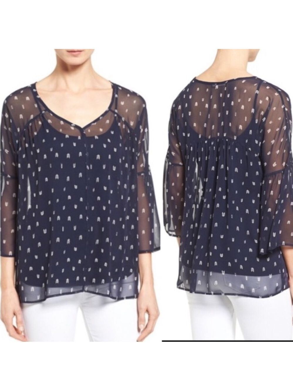 Pleione 3/4 Bell Sleeve Navy Ink Stone Sheer Arrow Blouse, size L